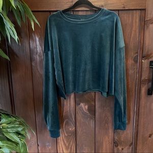 Green Teal Velvet Cropped Oversized Long Sleeve Sweater